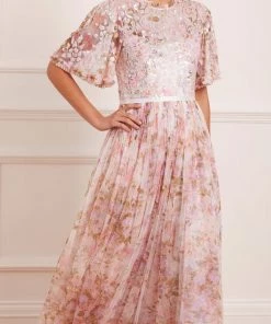 Needle & Thread Holding LTD Darling Meadow Sequin Bodice Short Sleeve Ankle Gown
