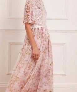 Needle & Thread Holding LTD Darling Meadow Sequin Bodice Short Sleeve Ankle Gown