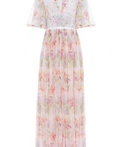 Needle & Thread Holding LTD Iris Sequin Bodice Short Sleeve V-Neck Ankle Gown