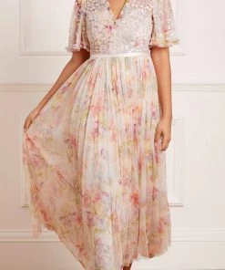 Needle & Thread Holding LTD Iris Sequin Bodice Short Sleeve V-Neck Ankle Gown