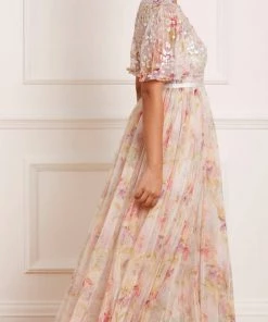 Needle & Thread Holding LTD Iris Sequin Bodice Short Sleeve V-Neck Ankle Gown