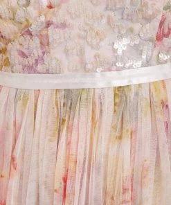 Needle & Thread Holding LTD Iris Sequin Bodice Short Sleeve V-Neck Ankle Gown