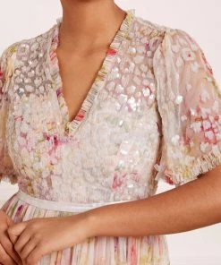 Needle & Thread Holding LTD Iris Sequin Bodice Short Sleeve V-Neck Ankle Gown