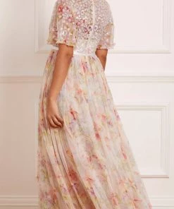 Needle & Thread Holding LTD Iris Sequin Bodice Short Sleeve V-Neck Ankle Gown