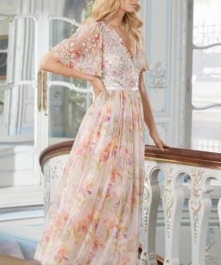 Needle & Thread Holding LTD Iris Sequin Bodice Short Sleeve V-Neck Ankle Gown