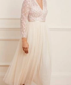 Needle & Thread Holding LTD Rosie Lace Bodice Long Sleeve V-Neck Ankle Gown Womenswear