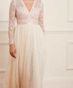 Needle & Thread Holding LTD Rosie Lace Bodice Long Sleeve V-Neck Ankle Gown Womenswear