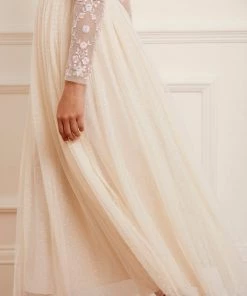 Needle & Thread Holding LTD Rosie Lace Bodice Long Sleeve V-Neck Ankle Gown Womenswear