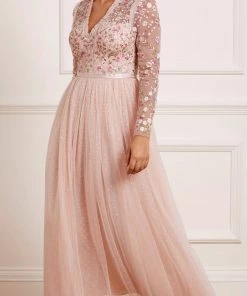 Needle & Thread Holding LTD Rosie Lace Bodice Long Sleeve V-Neck Ankle Gown Womenswear