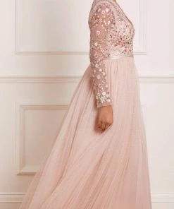 Needle & Thread Holding LTD Rosie Lace Bodice Long Sleeve V-Neck Ankle Gown Womenswear