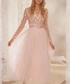 Needle & Thread Holding LTD Rosie Lace Bodice Long Sleeve V-Neck Ankle Gown Womenswear