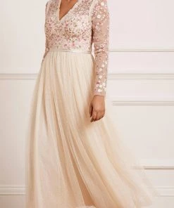 Needle & Thread Holding LTD Rosie Lace Bodice Long Sleeve V-Neck Ankle Gown